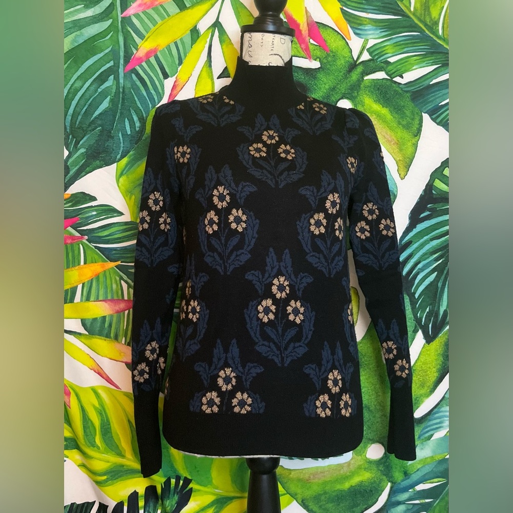 Ann Taylor XS Black Gold Ornate Floral Fall Winter Dark Knit Preppy Turtleneck
